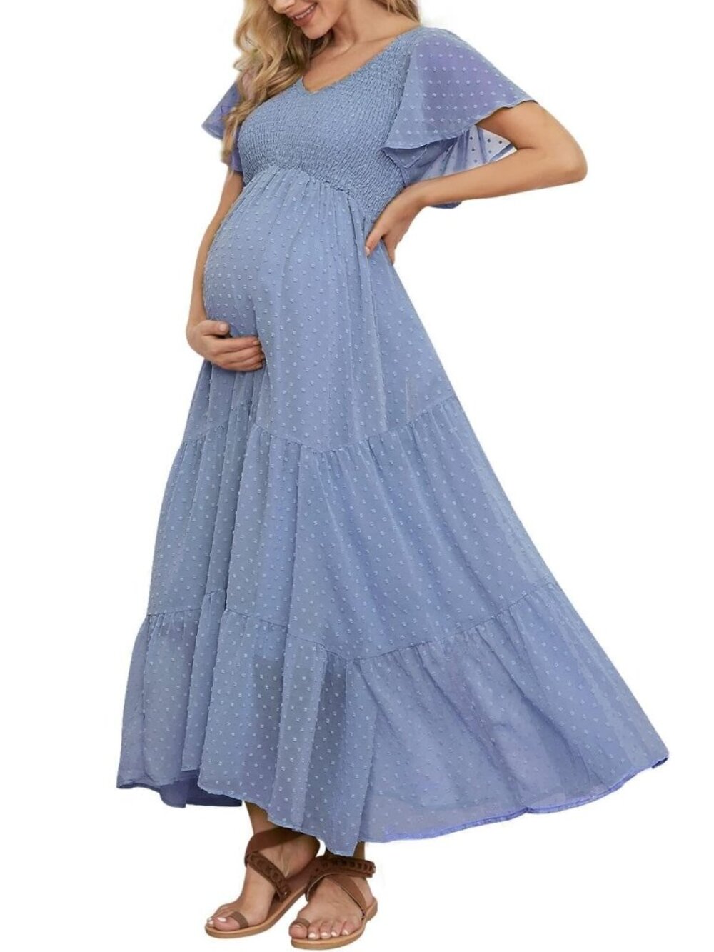 NWT Small Swiss Dot Smocked Maternity Dress Casual Ruffle Sleeve Boho Blue